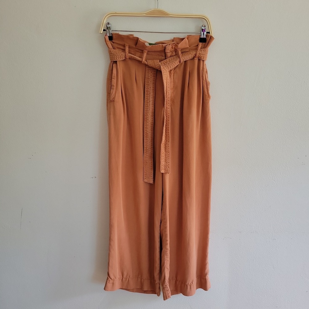 Anthropologie Blythe Cropped Wide Leg Paperbag Pant 6 Rust Orange Sash Waist